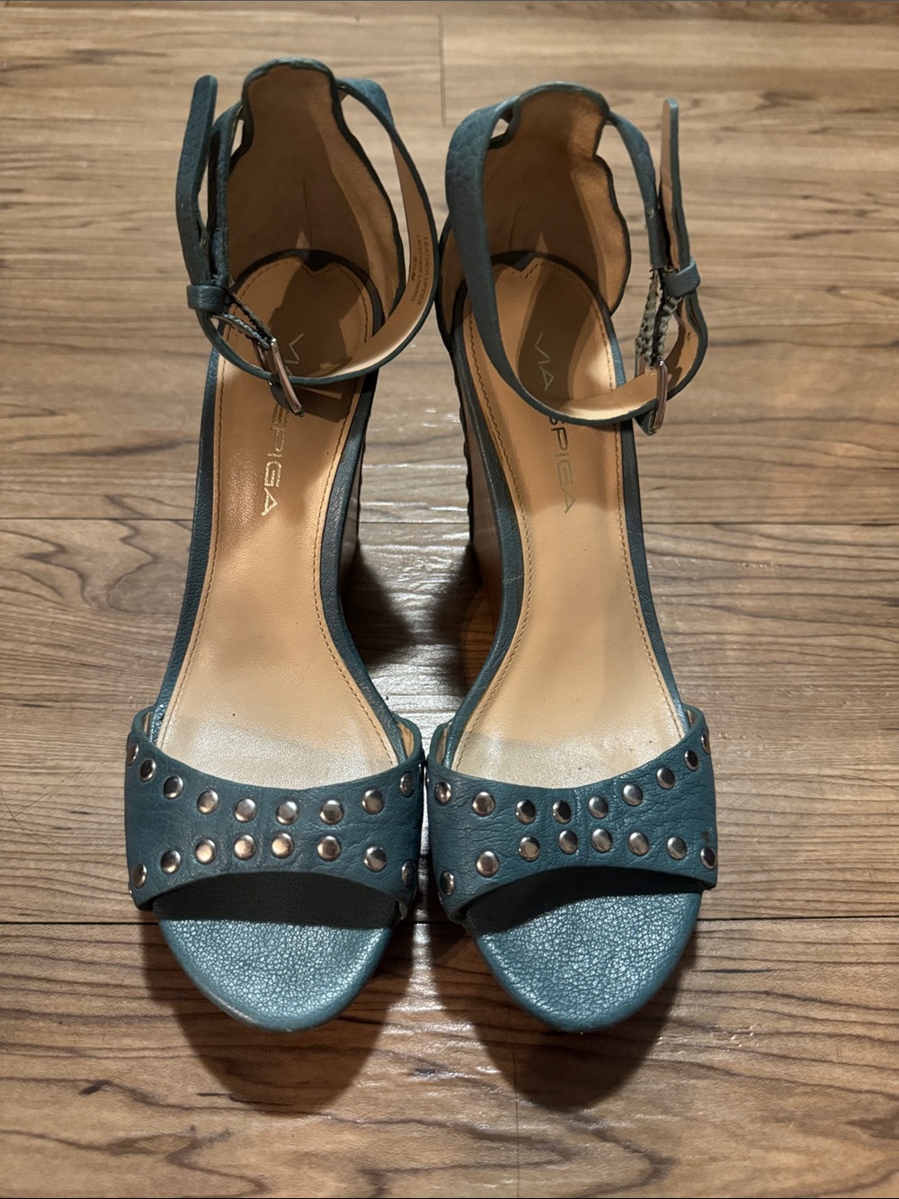 Via Spiga Teal Studded Ankle-Strap Heels